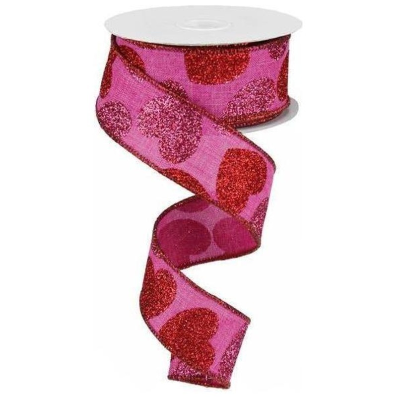 1.5″ Bold Glitter Hearts Royal Ribbon: Pink (10 Yards)