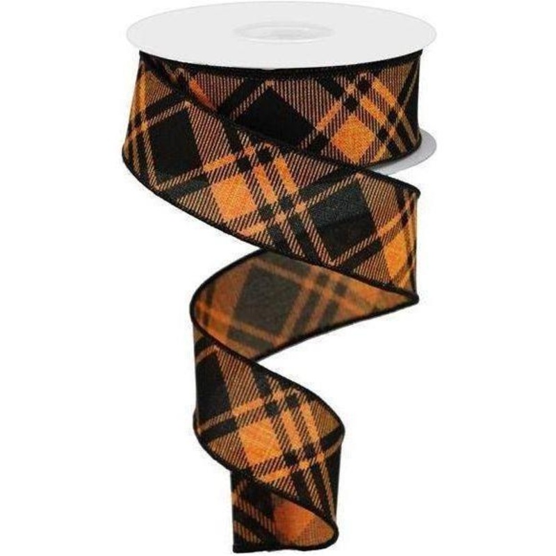1.5″ Diagonal Stripe and Check Ribbon: Orange (10 Yards)