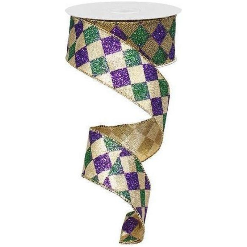 1.5″ Harlequin Glitter Diamond Ribbon:  Mardi Gras (10 Yards)