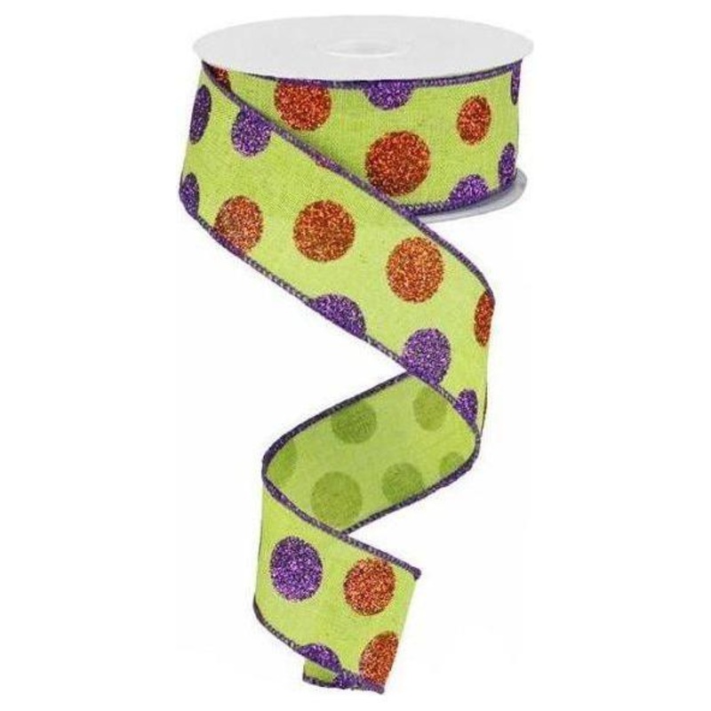 1.5″ Lime Green Ribbon with Multi Glitter Dots