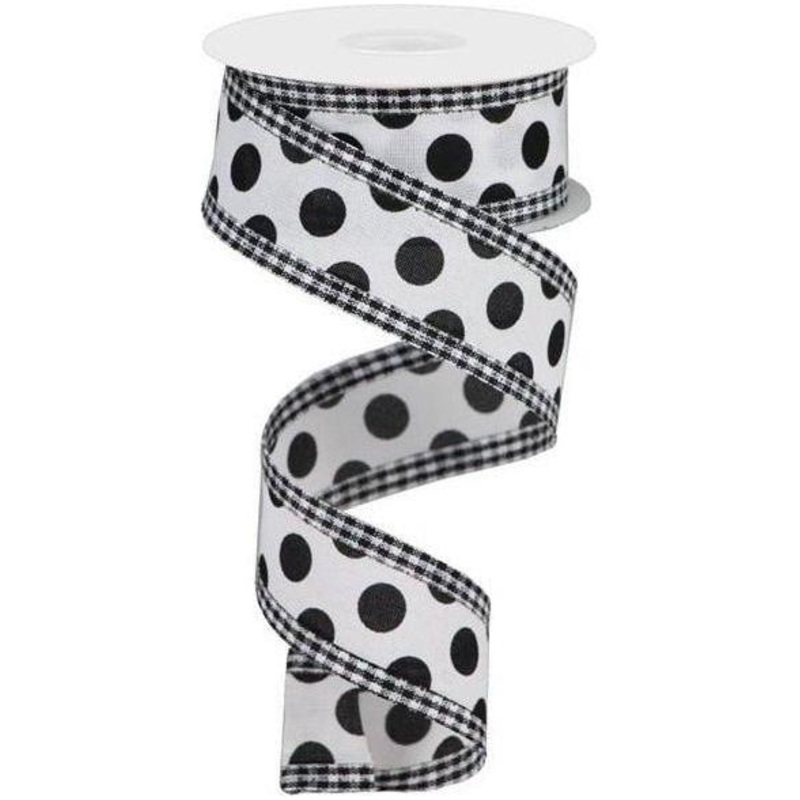 1.5″ Medium Polka Dots Gingham Edge: White & Black (10 Yards)