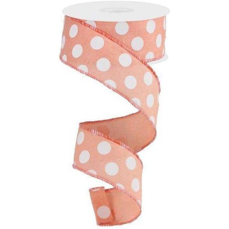 1.5″ Medium Polka Dots: Peach & White  (10 Yards)
