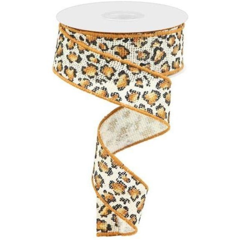 1.5″ Metallic Leopard Print Burlap Ribbon: Off White (10 Yards)