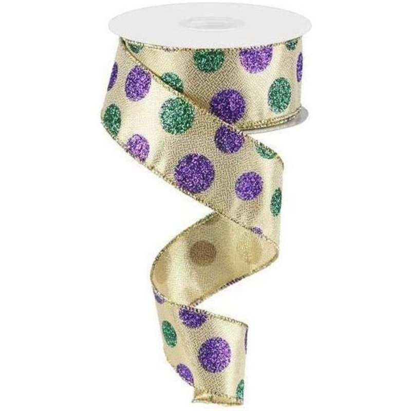1.5″ Multi Glitter Dots Ribbon: Mardi Gras (10 Yards)