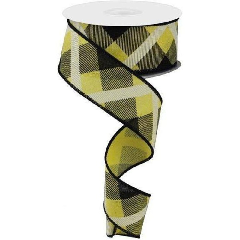 1.5″ Printed Plaid Ribbon: Yellow, Black, White