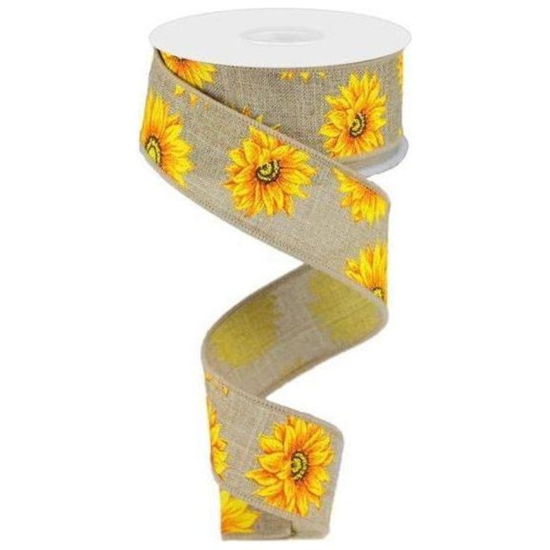 1.5″ Sunflower on Canvas Ribbon: Beige (10 Yards)