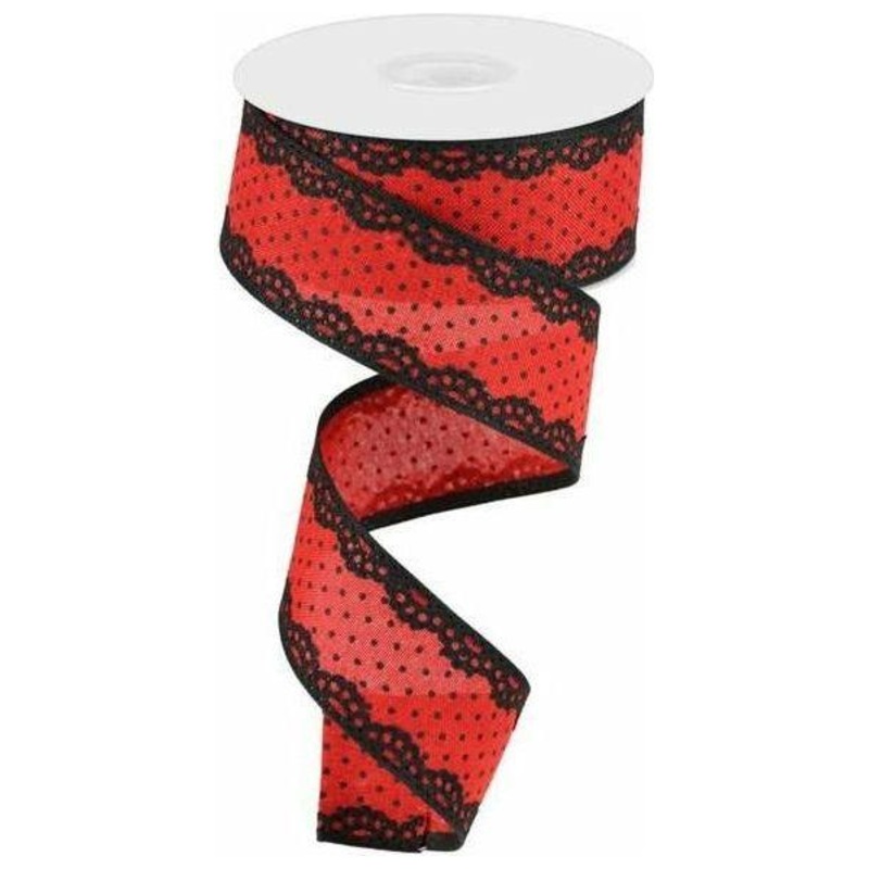 1.5″ Swiss Dots Lace Edge Ribbon: Red (10 Yards)