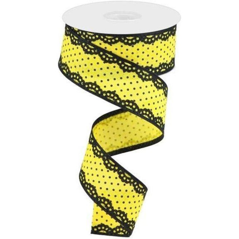 1.5″ Swiss Dots Lace Edge Ribbon: Yellow (10 Yards)