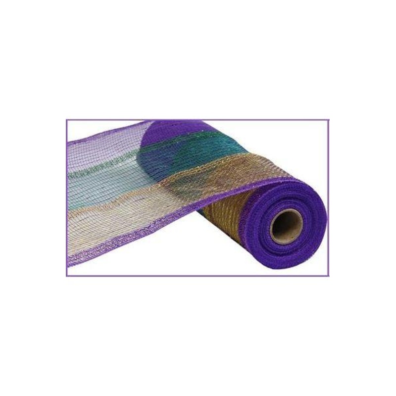 10.25″ Poly Deco Tinsel Mesh Ribbon: Mardi Gras Stripe (10 Yards)