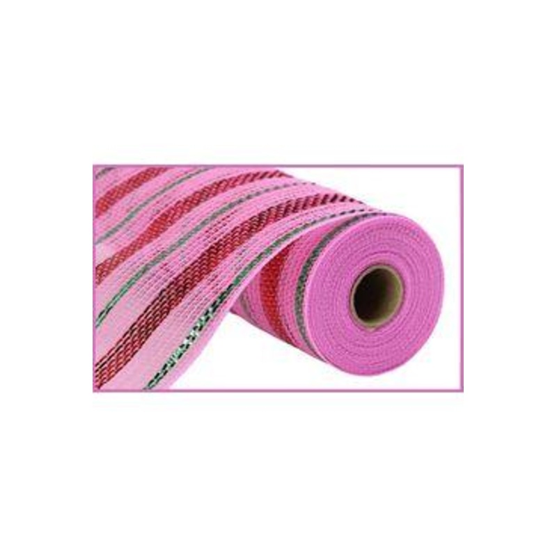10.25″ Poly Faux Jute Metallic Mesh Ribbon: Lt Pink/Red/Emerald (10 Yards)
