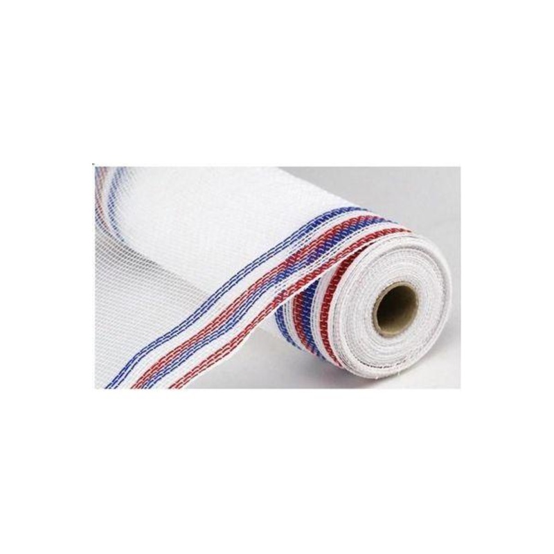 10.5″ Border Stripe Faux Jute Mesh Ribbon: White/Red/Blue (10 Yards)a