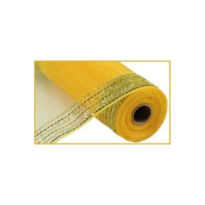 10.5″ Border Stripe Tinsel Mesh Ribbon: Gold (10 Yards)