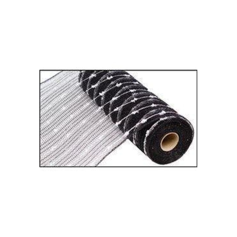 10.5″ Metallic Cotton Ball Mesh Ribbon: Black/White (10 Yards)