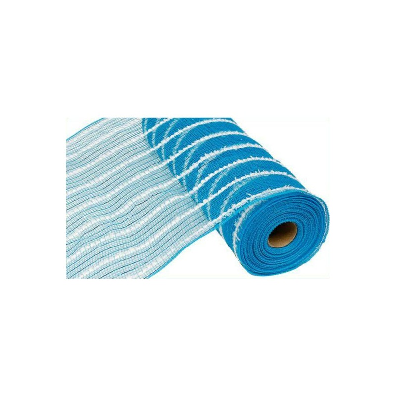 10.5″ Metallic Cotton Drift Mesh Ribbon: Turquoise/White (10 Yards)