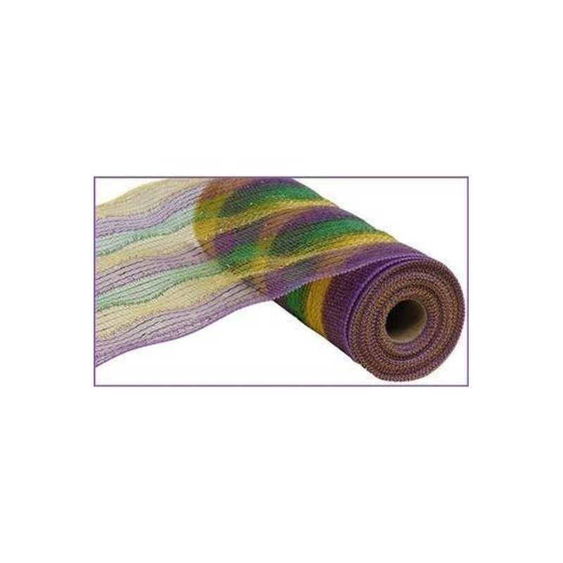 10″ Poly Deco Tinsel Foil Mesh Ribbon: Mardi Gras Stripe (10 Yards)