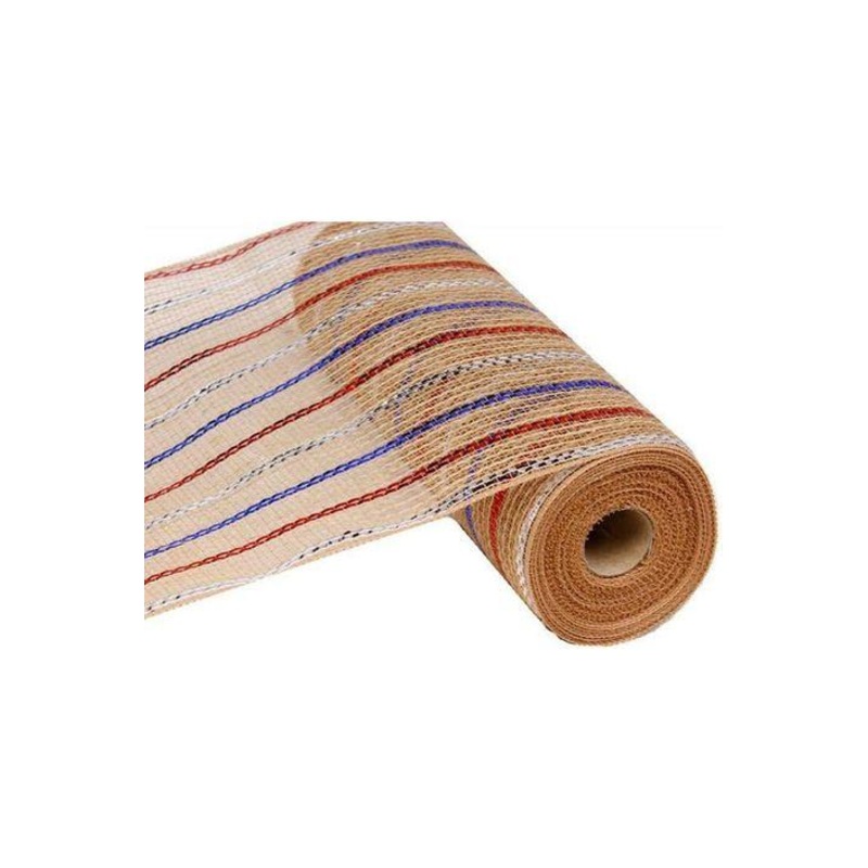 10″ Poly Jute Deco Mesh Ribbon: Natural Patriotic Metallic Foil Stripes