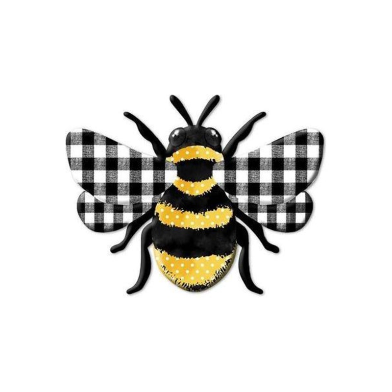 12″ Metal Embossed Bee Hanger: Plaid Check