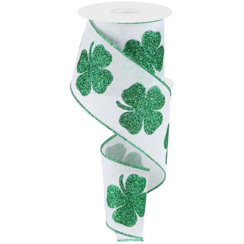 2.5″ Bold Glitter Clover Ribbon: White/Green (10 Yards)