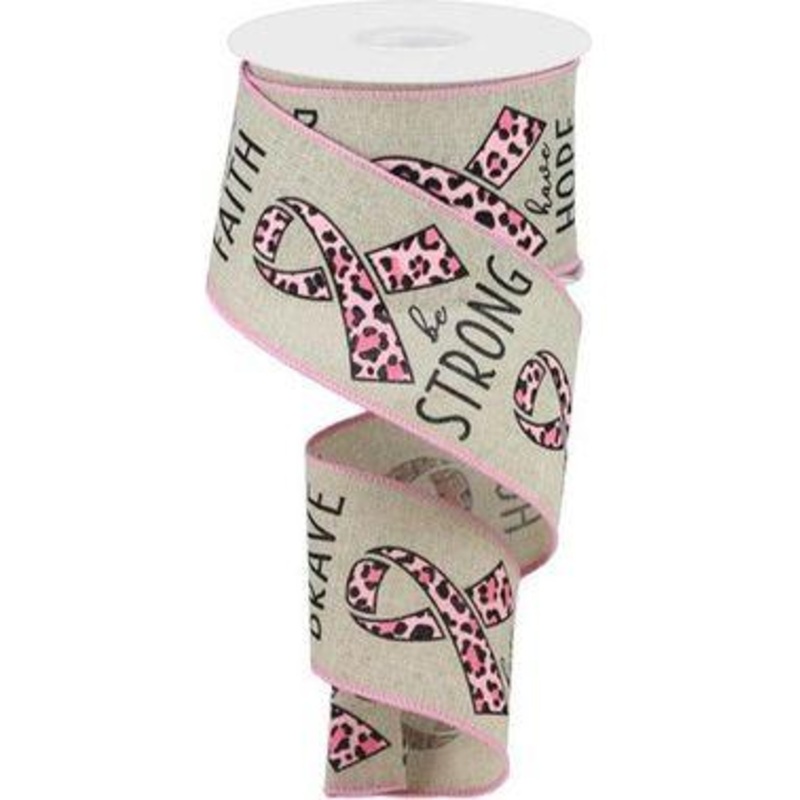 2.5″ Breast Cancer Leopard Ribbon: Lt Natural (10 Yards)