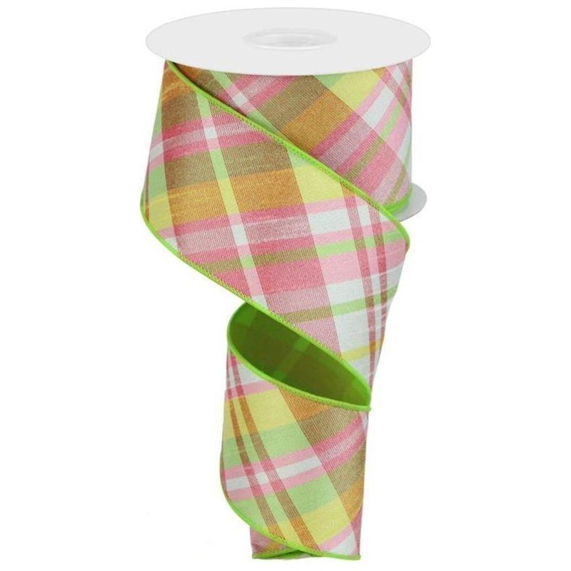 2.5″ Diagonal Plaid Fused Ribbon: Spring Green (10 Yards)