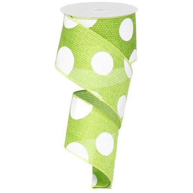 2.5″ Faux Burlap Giant Polka Dot Ribbon: Lime Green & White (10 Yards)