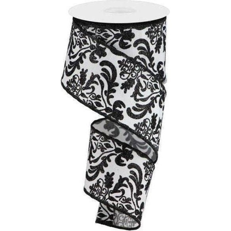 2.5″ Faux Dupioni Damask Ribbon: Black & White (10 Yards)