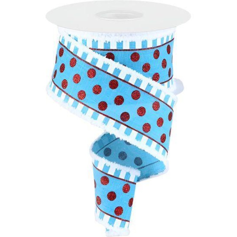 2.5″ Glitter Stripes Polka Dot Drift Edge Ribbon: Turquoise & Red (10 Yards)
