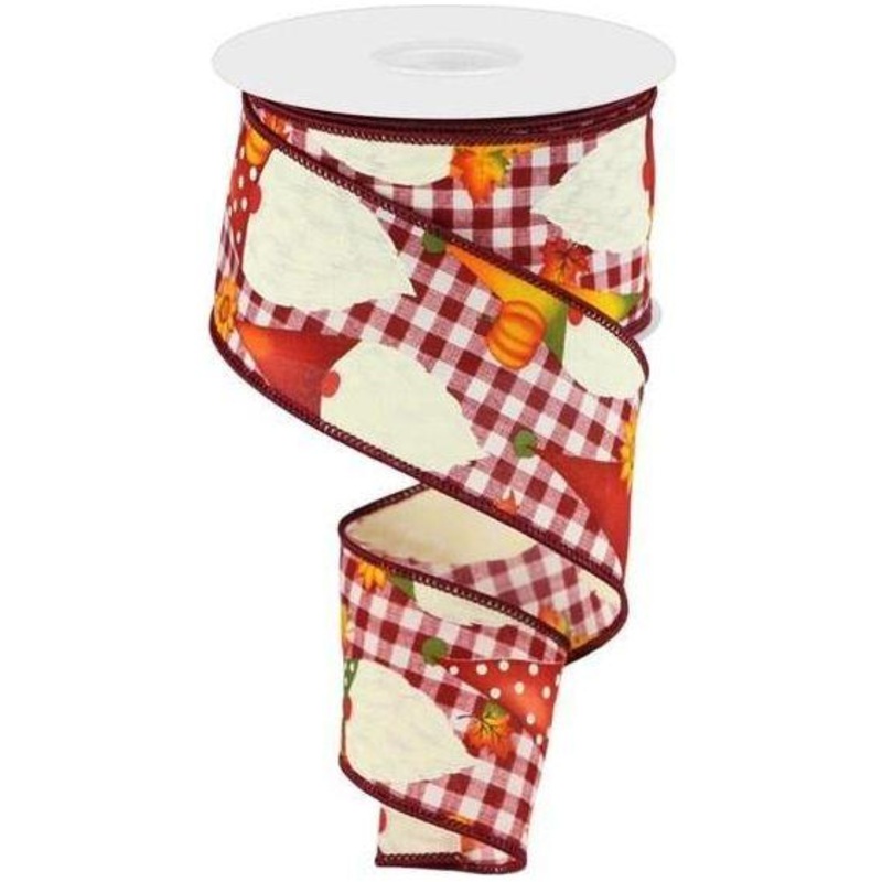 2.5″ Gnome Pumpkin Check Ribbon: Cream/Burgundy (10 Yards)