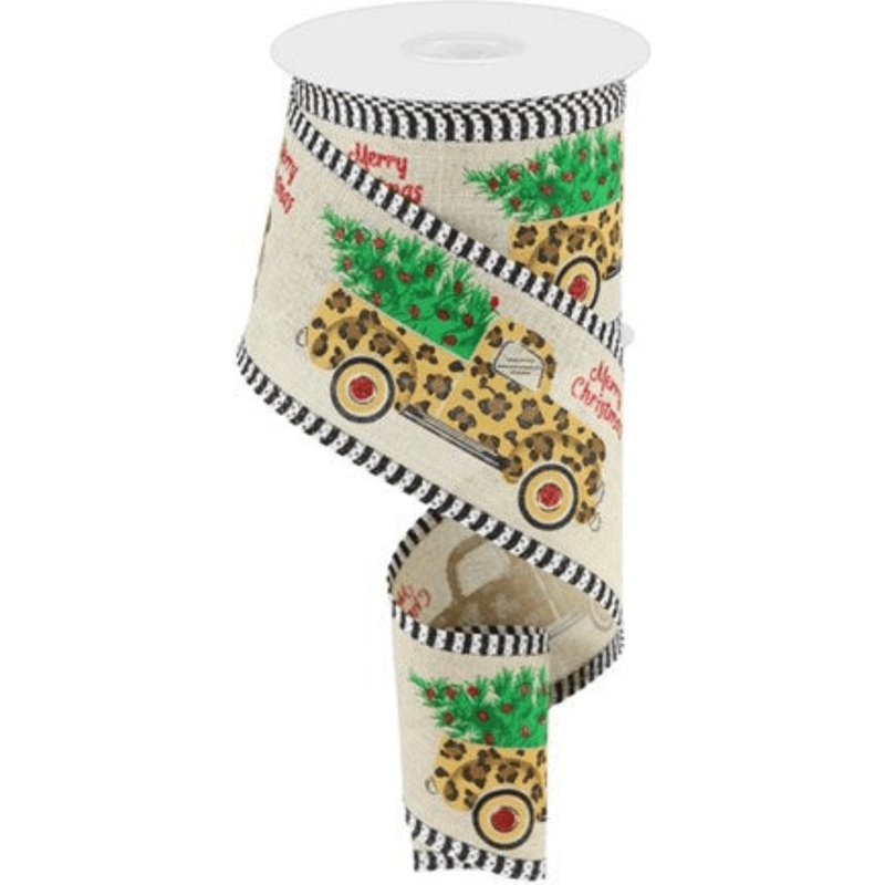 2.5″ Leopard Merry Christmas Ribbon: Natural (10 Yards)