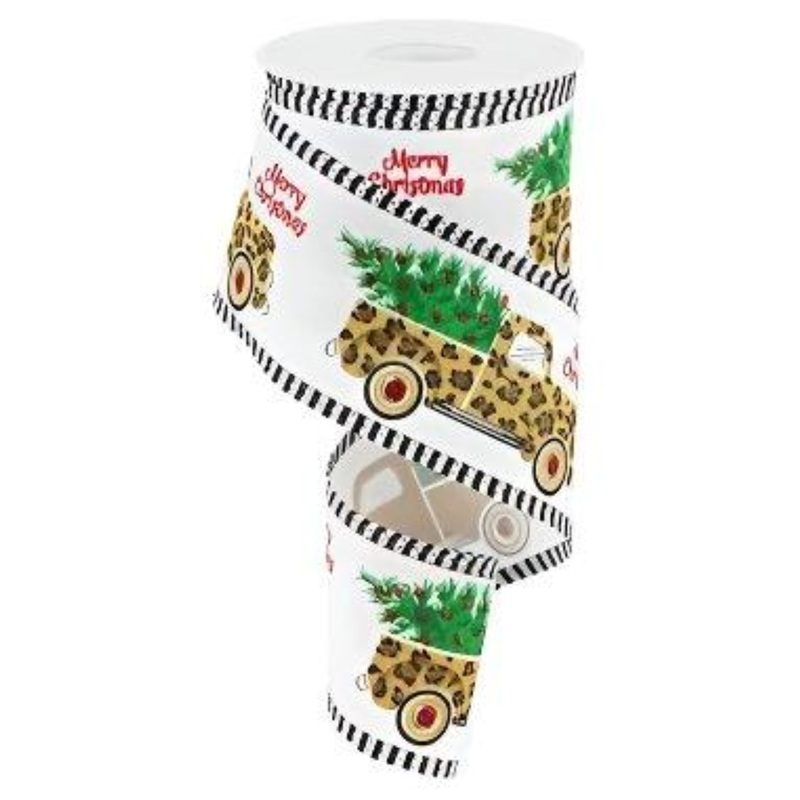 2.5″ Leopard Merry Christmas Ribbon: White (10 Yards)