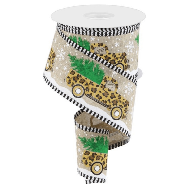 2.5″ Leopard Snow Striped Edge Ribbon: Natural