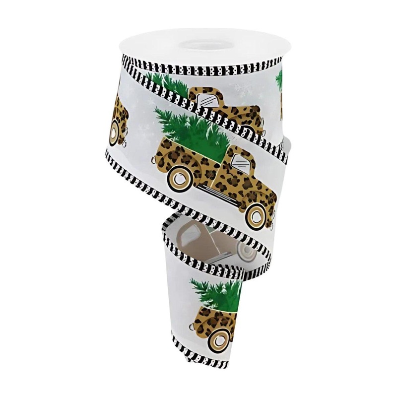 2.5″ Leopard Snow Striped Edge Ribbon: White (10 Yards)