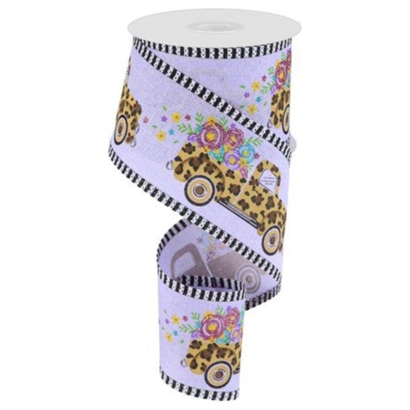 2.5″ Leopard Truck Flower Stripe Ribbon: Lavender (10 Yards)