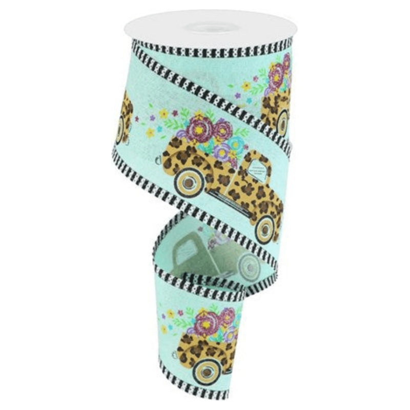 2.5″ Leopard Truck Flower Stripe Ribbon: Mint Green (10 Yards)