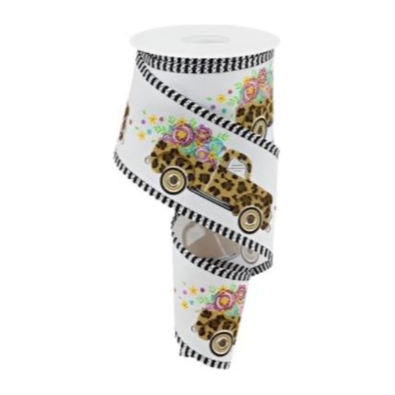2.5″ Leopard Truck Flower Stripe Ribbon: White (10 Yards)