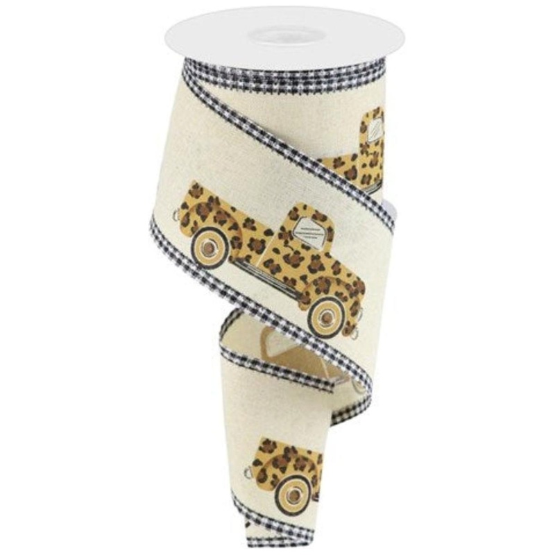 2.5″ Leopard Truck Gingham Edge Ribbon: Cream (10 Yards)