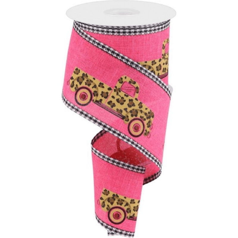 2.5″ Leopard Truck Gingham Edge Ribbon: Hot Pink (10 Yards)