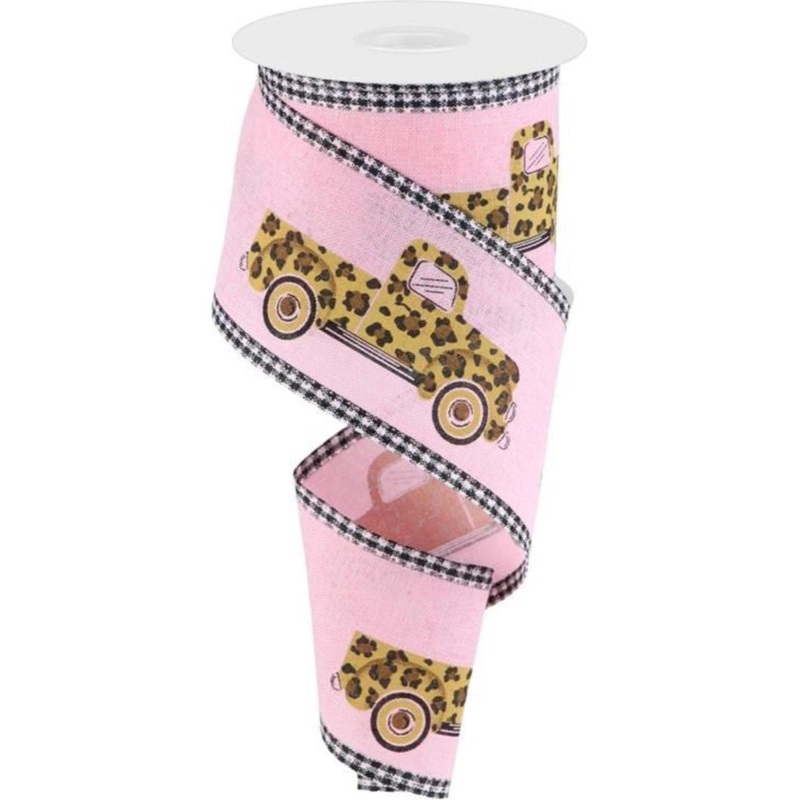 2.5″ Leopard Truck Gingham Edge Ribbon: Light Pink (10 Yards)