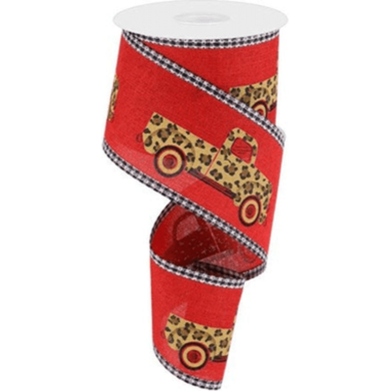 2.5″ Leopard Truck Gingham Edge Ribbon: Red (10 Yards)