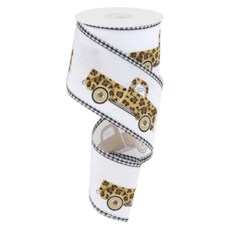 2.5″ Leopard Truck Gingham Edge Ribbon: White (10 Yards)