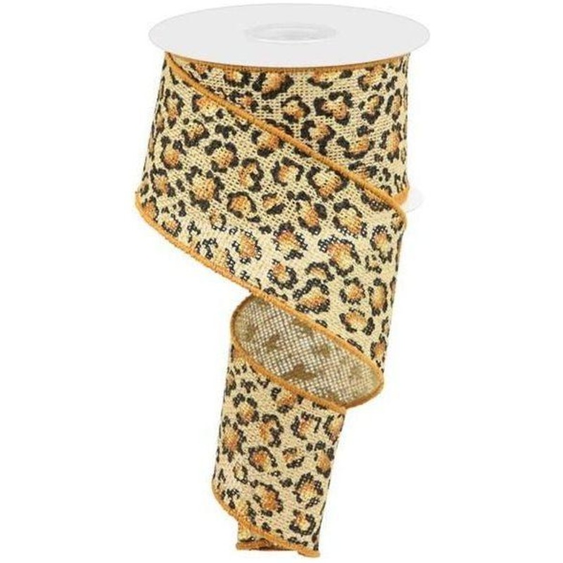 2.5″ Metallic Leopard Print Burlap Ribbon: Natural (10 Yards)