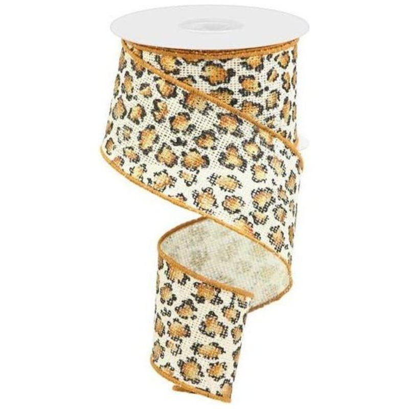 2.5″ Metallic Leopard Print Burlap Ribbon: Off White (10 Yards)