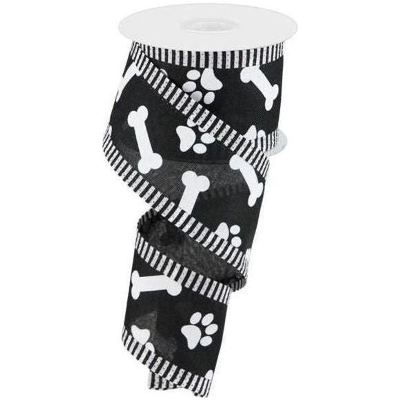 2.5″ Paw Print Thin Stripe Ribbon: Black & White (10 Yards)