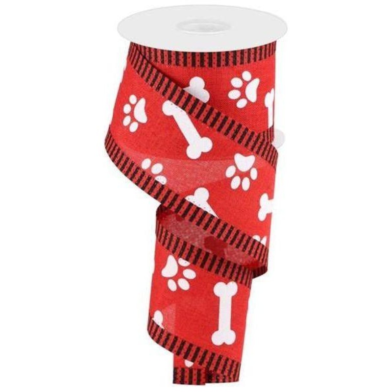 2.5″ Paw Print Thin Stripe Ribbon: Red & White (10 Yards)