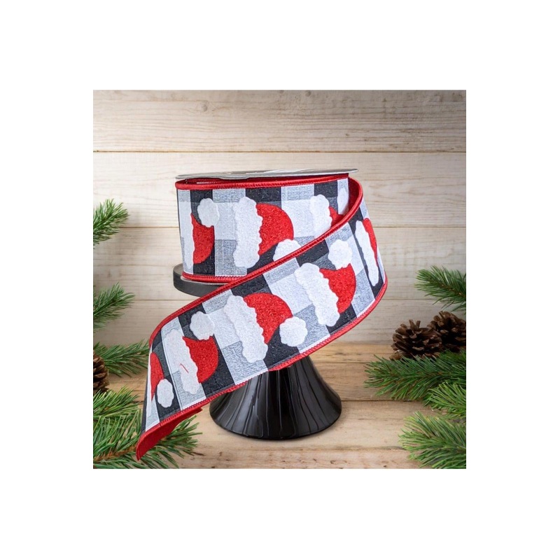 2.5″ Santa Hats on Check Ribbon: Black & White (10 Yards)