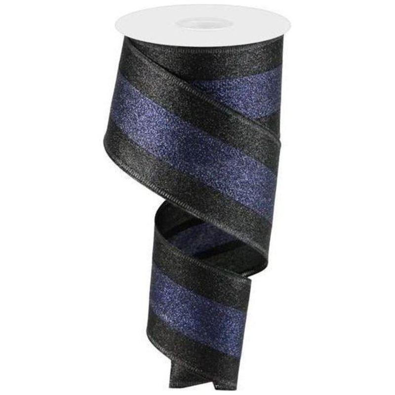 2.5″ Shimmer Glitter Stripe Ribbon: Black & Navy Blue (10 Yards)