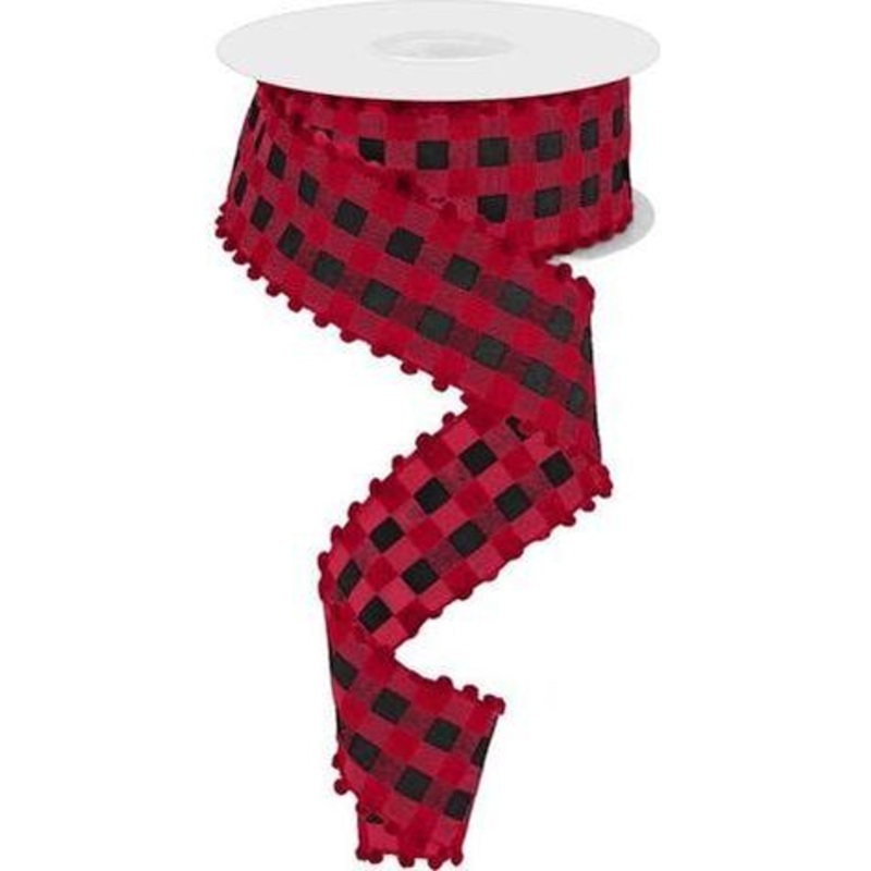 1.5″ Check with Poms Ribbon: Red (10 Yards)