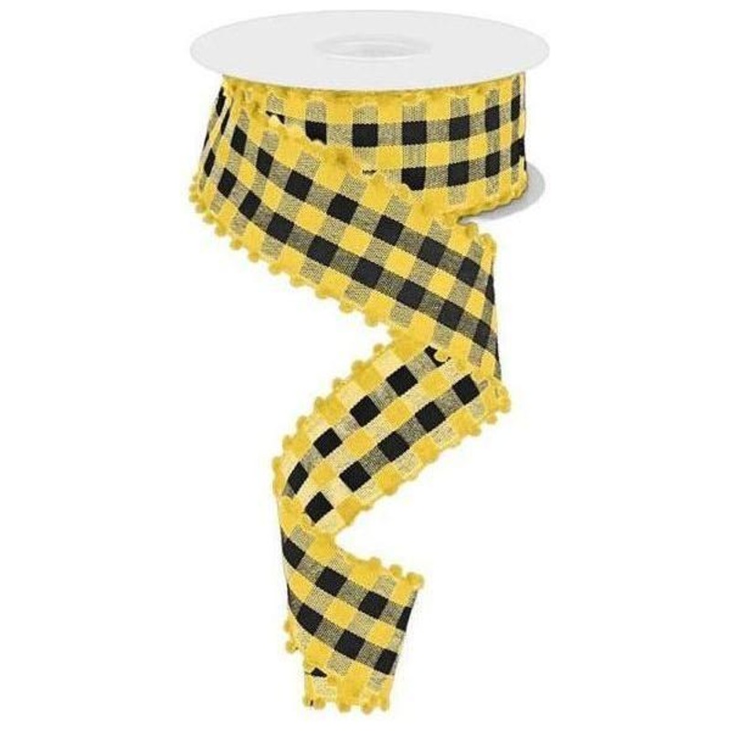 1.5″ Check with Poms Ribbon: Yellow (10 Yards)