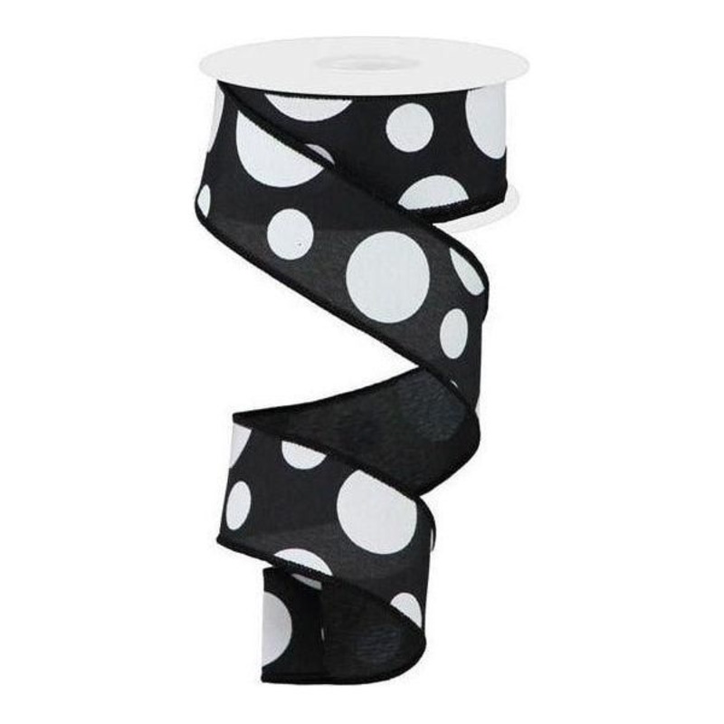 1.5″ Giant Three Size Polka Dot Ribbon: Black/White (10 Yards)