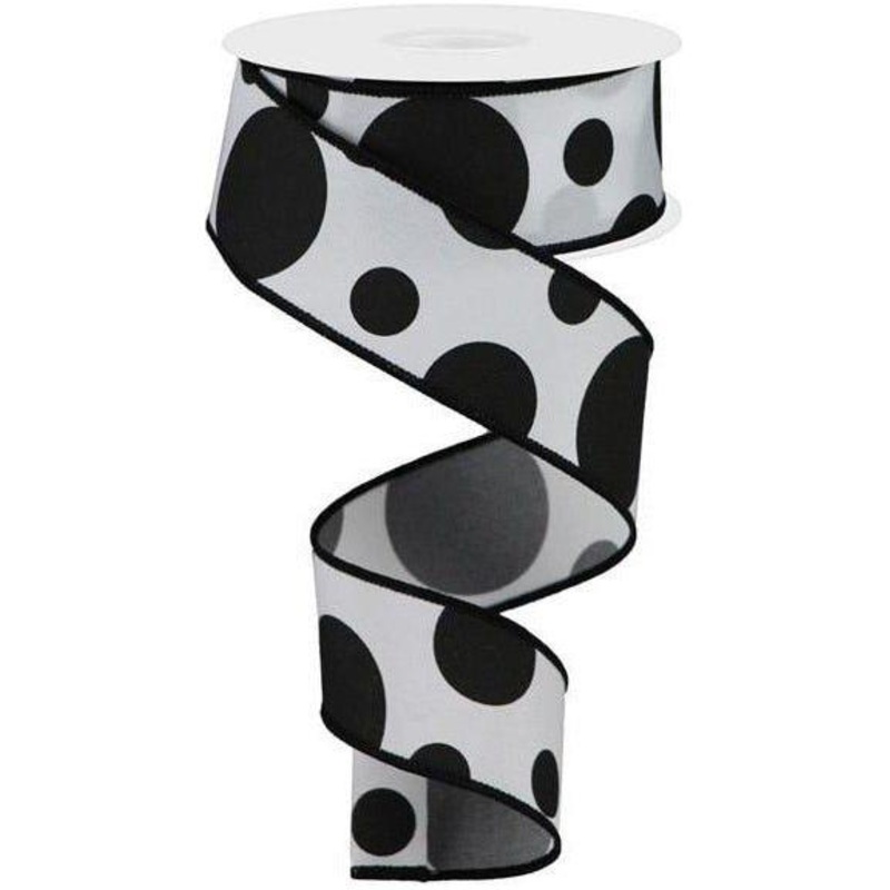 1.5″ Giant Three Size Polka Dot Ribbon: White/Black (10 Yards)